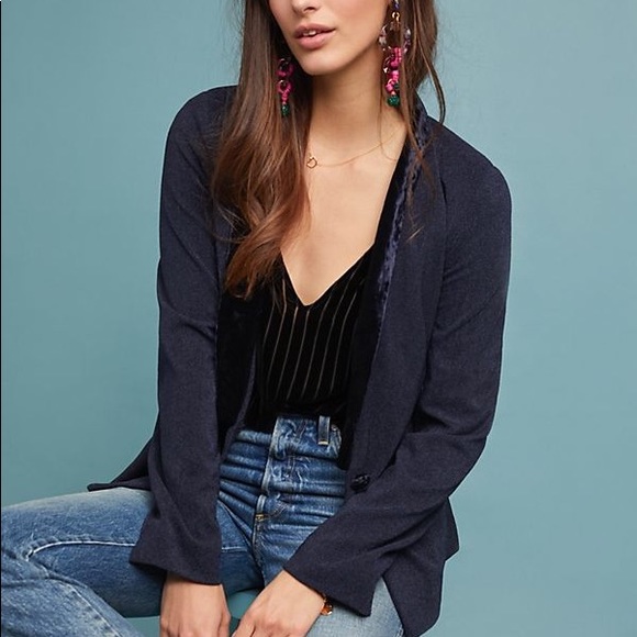 Anthropologie Jackets & Blazers - ANTHRO Skies are Blue Velvet-Trimmed Blazer